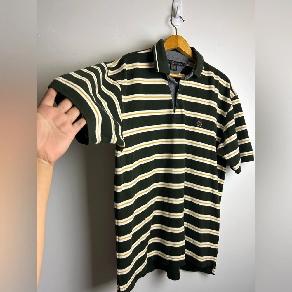 VTG Tommy Hilfiger Green Striped‎ Polo Shirt Mens Sz L Logo Thermal Equestrian